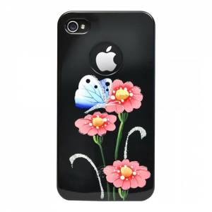 Купить чехол накладку iCover для iPhone 4/4S Anemone Black/Pink (IP4-HP/BK-AM/P) розовые цветы с синей бабочкой на черном фоне