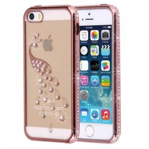Купить чехол накладку со стразами для iPhone 5 / 5S / SE белый с розовым павлином 3D