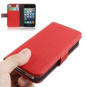 Купить кожаный чехол книжка для iPhone 4/4S с разъемами под карточки и подставкой (красный)