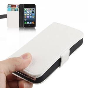 Купить кожаный чехол книжка для iPhone 4/4S с разъемами под карточки и подставкой (белый)