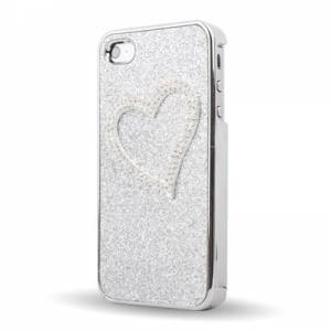 Купить чехол накладка со стразами для iPhone 4 / 4S серебристый переливающийся с сердечком в интернет магазине
