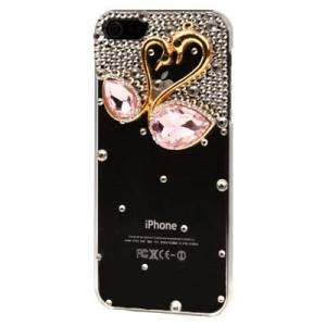 Купить чехол накладка со стразами и камнями для iPhone 5 / 5S прозрачный с двумя нежными лебедями в форме сердца в интернет магазине