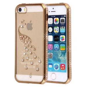 Купить Гелевый чехол со стразами для iPhone 5 / 5S / SE с 3D павлином (Gold)