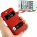Кожаный чехол книжка Litchi для iPhone 4/4S с двумя окошками на дисплее (красный)