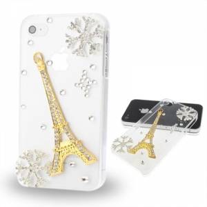 Купить чехол накладка со стразами для iPhone 4 / 4S 4 Эйфелева башня и снежинки (прозрачная) в интернет магазине
