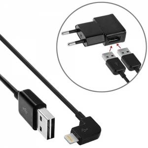 Купить USB кабель с угловым разъемом 8 pin и с двухсторонним USB портом - 2 метра черный