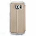 Кожаный чехол книжка UFO для Samsung Galaxy S6 / G920 с окошком, подставкой и разъемами под карточки (золотой)